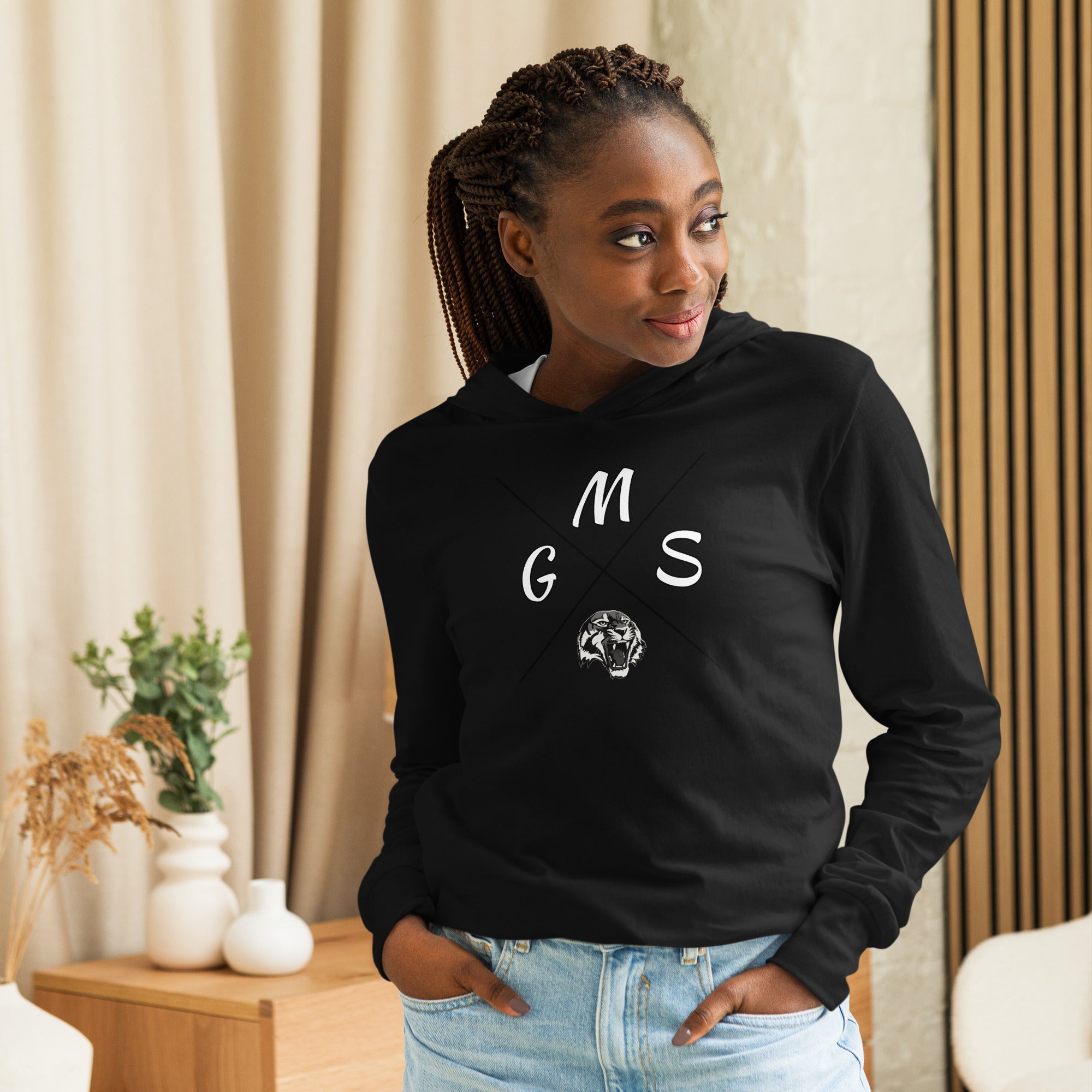 GMS Black and White Cross Hooded long-sleeve tee